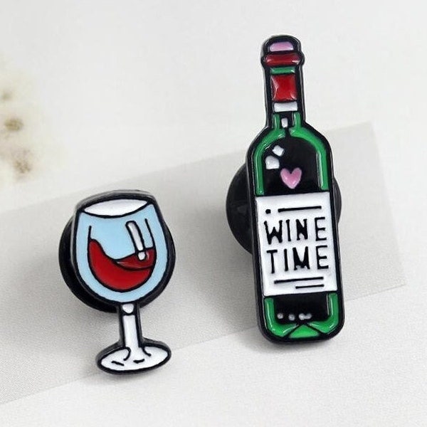 WINE TIME Pin, Enameled, Red Wine Lover, Wine Glass and Bottle, I Love Vino, Spa Day Pins