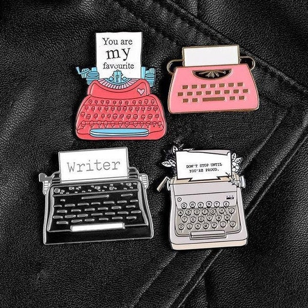 VINTAGE TYPEWRITER PINS, Royal Futura, Underwood, Smith Corona, Woodstock, You Are My Favourite, Don't Stop Until You're Proud, Writer