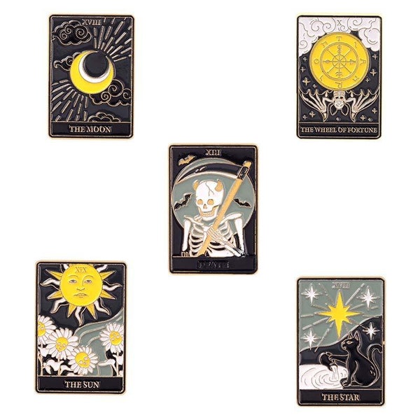 TAROT CARDS Enamel Pins, Wheel of Fortune, Death, Sun, Star, Moon, Kabbalah, JUDAISM, Tool of Divination, Guidance, Past, Present and Future