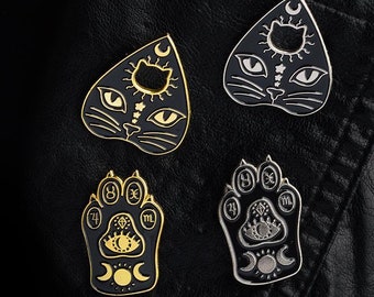 Ouija Board, CAT PLANCHETTE and PALMISTRY Paws Pins, Halloween Sorcery, Spooky Spirit Board Enamel Pin, Gothic Horror