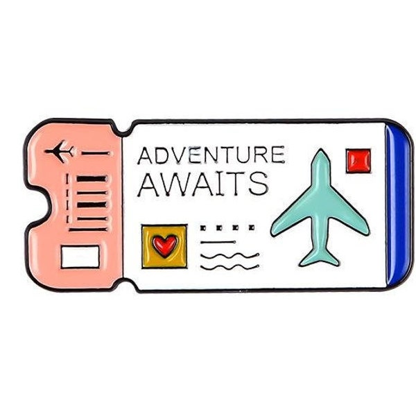 ADVENTURE AWAITS, Cartoon AIRLINE Ticket, Funny Enamel Pin, Super Cute Backpack Pin, Travel Jewelry