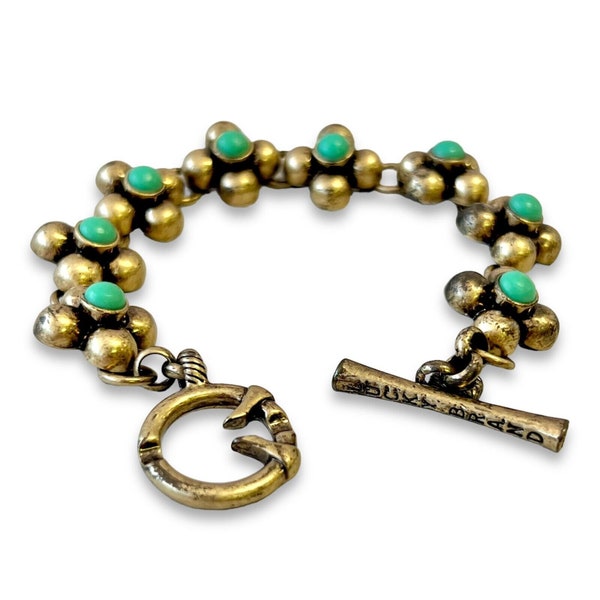 LUCKY BRAND, Flower Bracelet, Antiqued Bronze, Faux Turquoise Inset Stones, 8" Long