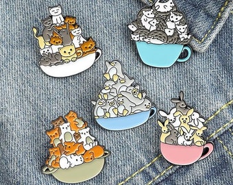 CUP OF ANIMALS, Enamel Pins, Cats, Dogs, Penguins, Bunnies, Cute Brooch, Funny Dinner Delights, Enamel Alloy Badge, Backpack Accessories