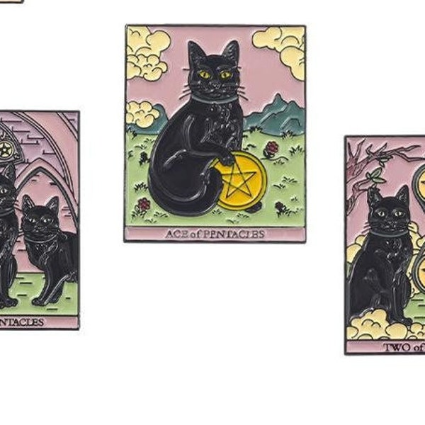 BLACK CAT TAROT Card, Enamel Pins, Ace of Pentacles, Two of Pentacles, Three of Pentacles, Halloween Jewelry