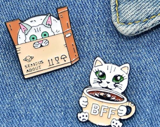 KITTY in Box, CAT Coffee Cup, Enamel Pins, BFF, White Cat Peeking, Pink Ears, Green Eyes, Mischievous Kitten, Pet Lover Pin, Animal Brooch