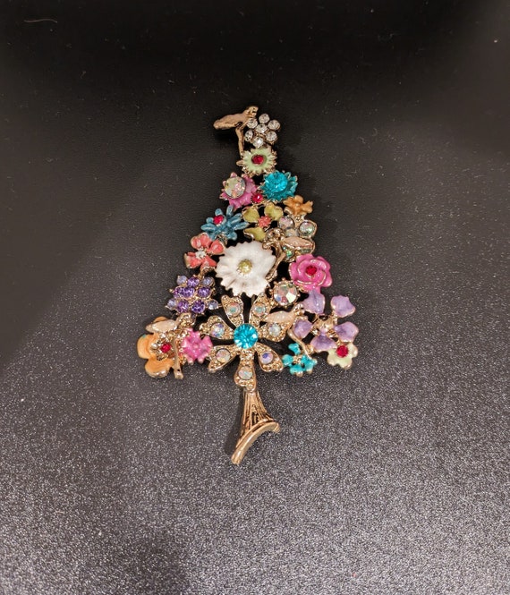 CHRISTMAS TREE PIN, Enameled Florals, Multi Color… - image 1