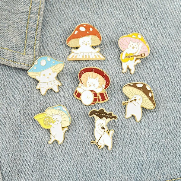 MUSHROOM BAND with CATS, Enamel Pins, Clarinet, French Horn, Drummer, Guitar, Keyboards, Lead Microphone, and Groupie!