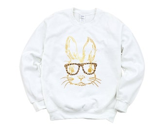 Bunny with Leopard Glasses Sweatshirt, Easter Sweatshirt, Easter bunny graphic, Easter sweatshirts Ladies Easter Bunny sweatshirt