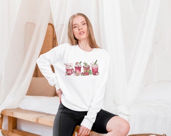 Christmas Coffee Sweatshirt, Pink Christmas Sweatshirt, Cute  Chirstmas sweatshirt , Snowman Christmas Sweater