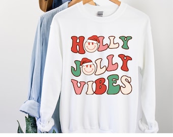 Holly Jolly Vibes Sweatshirt, Retro Christmas Sweatshirt , smiley face Christmas sweatshirt, Boho Christmas Sweatshirt