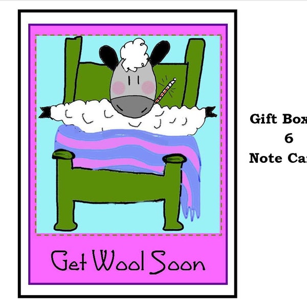 Set of 6 - " Get Wool Soon " Sheep, Blank Note Greeting Cards Packed in Acrylic Gift Box