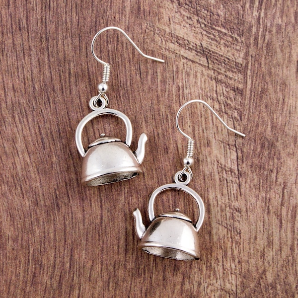 Teapot Earrings, Kettle Jewellery, Dangling Earrings, Tea Lover Gift, Old Fashioned Jewelry, Silver Teapot Charm Earrings, Afternoon Tea