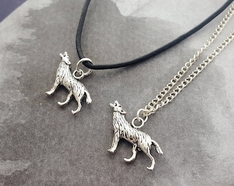 Howling Wolf Pendant Necklace, Tibetan Silver Charm, Leather Cord Option