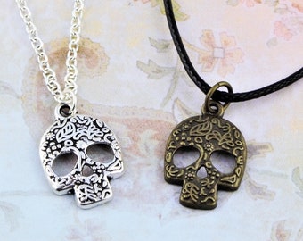 Sugar Skull Necklace, Gothic Necklace, Day Of The Dead, Skull Jewelry, Mexico Gifts, Silver Or Bronze, Skull Gifts For Him Or Her