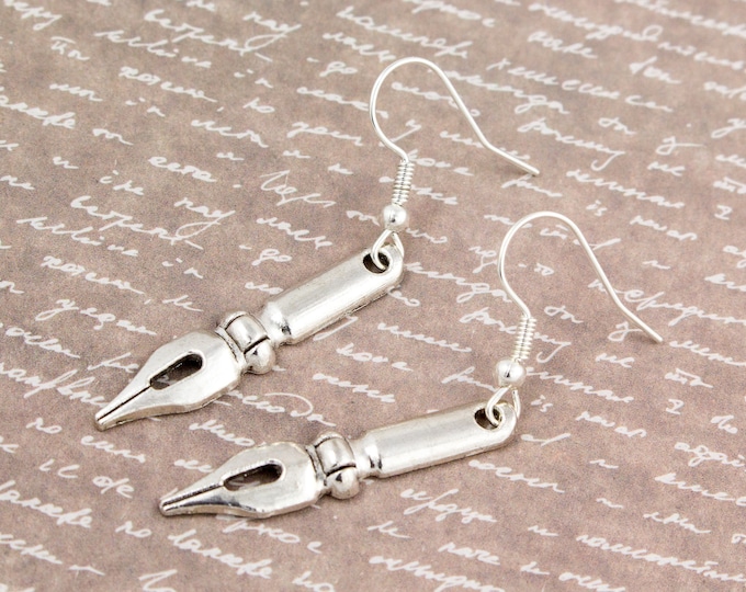 Pen Nib Dangle Earrings, Silver Plated Hooks, Writer Gift