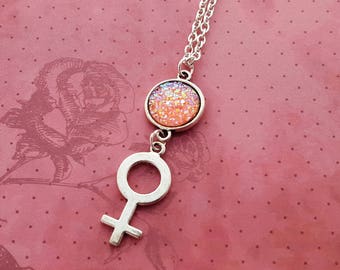 Feminist Necklace, Female Symbol Jewellery, Women's Jewelry, Feminist Fashion, Venus Jewelry, Gender Symbol, Female Charm, Faux Druzy Gift