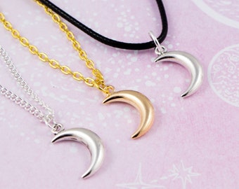 Crescent Moon Necklace, Dainty Layering Necklace, Space Jewellery, Half Moon Pendant, Silver Or Gold, Chain Or Cord, Everyday Casual Jewelry