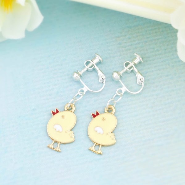 Easter Clip On Earrings, Cute Yellow Chick Jewellery, Novelty Earrings For Easter And Springtime, Chicken Jewelry, Kids Easter Gifts