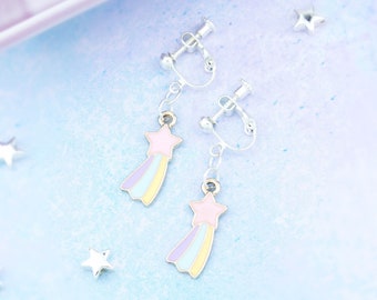 Shooting Star Clip On Earrings, Pastel Kawaii Clip On Earrings, Cute Childrens Earrings - No Pinch!, Comfortable Clip Ons For Kids Or Adults