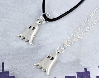 Ghost Necklace, Halloween Jewelry, Silver Chain, Black Cord Or Leather, Spooky Charm, Alternative Jewellery, Little Ghosties