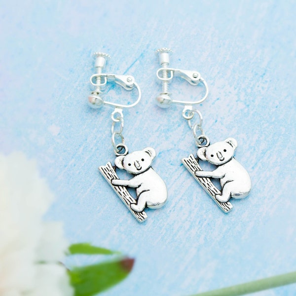 Koala Clip On Earrings, Also Available For Pierced Ears, Little Girls Earrings, Koala Jewellery, Silver Animal Charms, Kids Dangle Earrings