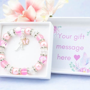 Personalised Butterfly Bracelet, Flower Girl Gifts, Beaded Stretch Bracelet, Baby Pink And Silver, Gift For Daughter, Granddaughter Or Niece