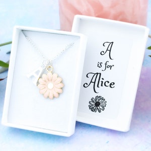 Pink Flower Initial Necklace, Girls Name Necklace, Cute Pastel Jewellery, Silver Chain Or Black Cord, Daughter Birthday Gift, Granddaughter