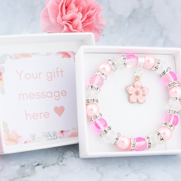 Pink Flower Bracelet, Personalised Flower Girl Jewellery, Little Girls Bracelets, Children's Jewellery, Beaded Stretch Bracelet, Wedding Day