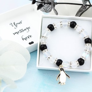 Penguin Bracelet, Childrens Jewellery, Beaded Stretch Bracelet, Black And White Jewellery, Cute Little Girls Gifts, Animal Lover, Birthday