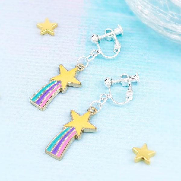 Shooting Star Clip On Earrings, Kid's Clip Ons, Children's Earrings, Star Jewelry, Dangling Earrings, Girl's Jewelry, Non-Pierced Ears