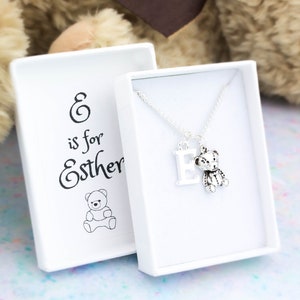 Teddy Bear Necklace, Teddy Necklace, Granddaughter Jewellery, Childrens Jewellery, Silver Chain With Initial Charm, Name Gifts, Young Kids