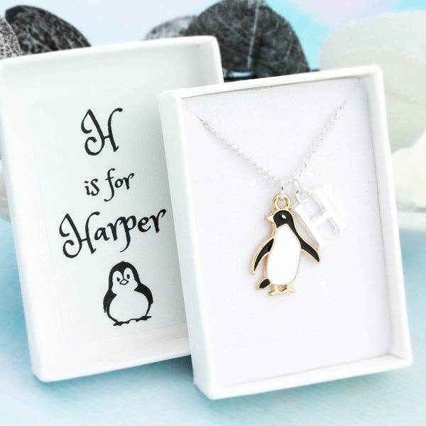 Penguin Necklace, Personalised Kids Jewellery, Cute Bird Pendant, Penguin Gifts, Personalised With Initial Charm And Name In Gift Box