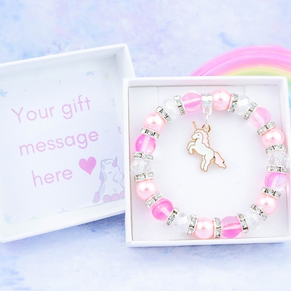 Unicorn Bracelet, Unicorn Gifts, Beaded Stretch Bracelet, Pink And Silver, Little Girl Gifts, Kids Bracelet, Pretty Sparkly Charm Bracelet