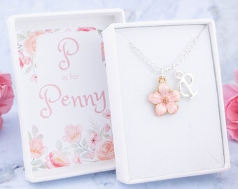 Flower Girl Necklace, Personalised Gift, Children's Jewellery, Pink Flower Charm Jewelry, Little Girls Necklaces, Childs Wedding Jewellery