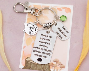 Personalised Hedgehog Keychain, Wanderlust Gifts For Her, Safe Travels, Keys To The Caravan, Backpacking Gifts, Nature Trail Walking Gift
