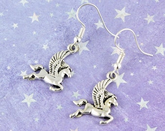 Pegasus Earrings, Flying Horse, Fantasy Jewelry, Little Earrings, Horse Charm, Little Earrings, Pegasister Gift, Winged Pony