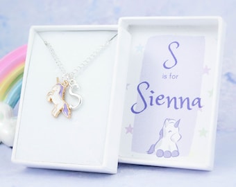 Unicorn Necklace, Girl's Gifts, Unicorn Jewellery For Kids, Name Jewelry, Children's Jewellery, Initial Necklace For Little Girls, Colourful