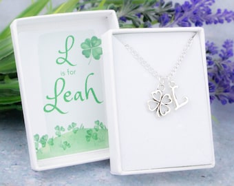 Irish Necklace, Personalised Lucky Four Leaf Clover Necklace, Ireland Jewelry, Irish Dancing Gifts, Good Luck Necklace, Exams Gift, Initial