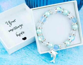 Dolphin Bracelet, Children's Jewellery, Beaded Stretch Bracelet, Ocean Lover Gift, Kids Bottlenose Dolphin Gift, Girls Beach Jewelry, Blue