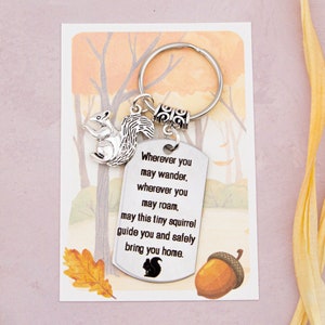 May include: Silver keychain with a squirrel charm and a tag that reads "Wherever you may wander, wherever you may roam, may this tiny squirrel guide you and safely bring you home."