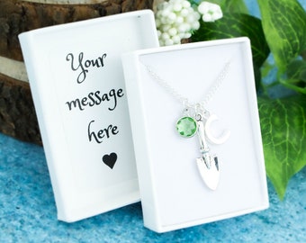 Gardening Necklace, Garden Spade Trowel Charm Jewellery, Allotment Gifts, Garden Theme, Gifts For Grandma, Personalised Initial Birthstone