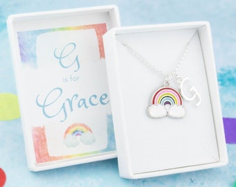 Rainbow Necklace, Personalised Gift, Kid&#39;s Jewellery, Children&#39;s Necklace, Rainbow Gifts, Silver Initial Name Necklace, Granddaughter Gifts