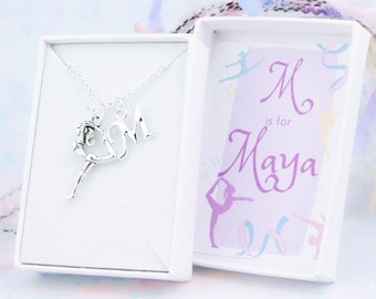 Gymnastics Necklace, Gymnast Jewellery, Girls Personalised Gymnastics Gifts, Initial And Birthstone, Silver Chain, Competition Well Done