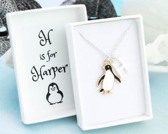 Penguin Necklace, Personalised Kids Jewellery, Cute Bird Pendant, Penguin Gifts, Personalised With Initial Charm And Name In Gift Box