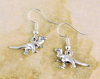 Dinosaur Earrings, T Rex Earrings, Dino Gift, Velociraptor Earring, Raptor Jewelry, Jurassic Gift, Prehistoric Jewelry, Silver Charm, Little