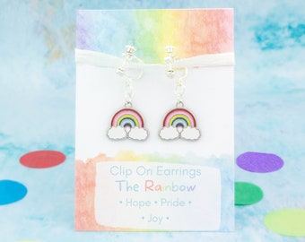 Rainbow Clip On Earrings, Kid's Clip Ons, Girl's Dangle Earrings, Children's Rainbow Jewellery, Comfortable Earrings For Non Pierced Ears