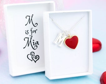 Red Heart Necklace, Love You Gifts, Children's Jewellery, Love Heart Pendant, Personalised Gift, Name And Initial Letter, Sweetheart Gift