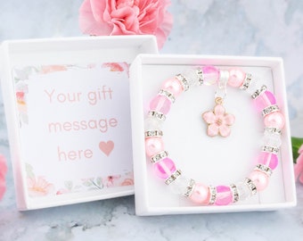 Pink Flower Bracelet, Personalised Flower Girl Jewellery, Little Girls Bracelets, Children's Jewellery, Beaded Stretch Bracelet, Wedding Day