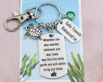 Personalised Travel Turtle Keychain, Travelling Turtle Bag Charm, Journey Good Luck Key Rings, Safe Travels, Custom Name And Birthstone,