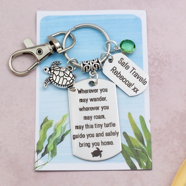 Personalised Travel Turtle Keychain, Travelling Turtle Bag Charm, Journey Good Luck Key Rings, Safe Travels, Custom Name And Birthstone,